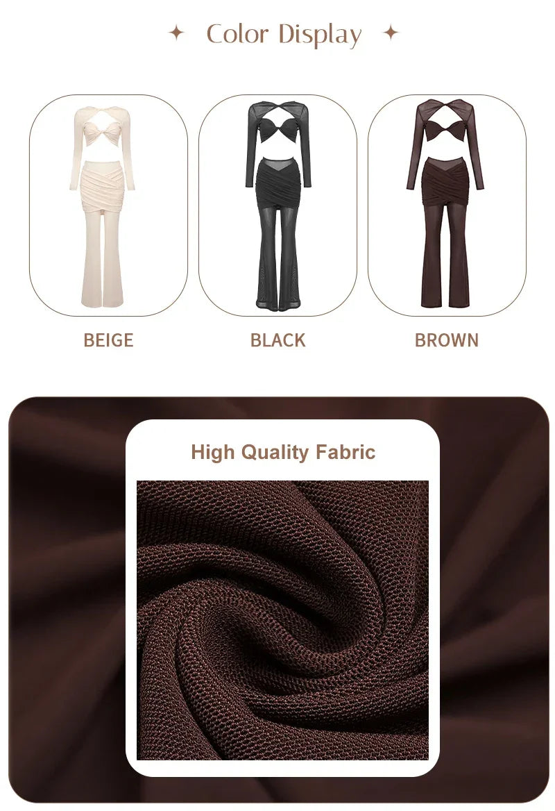 Color display of beige, black, and brown outfits with a close-up of high-quality fabric.