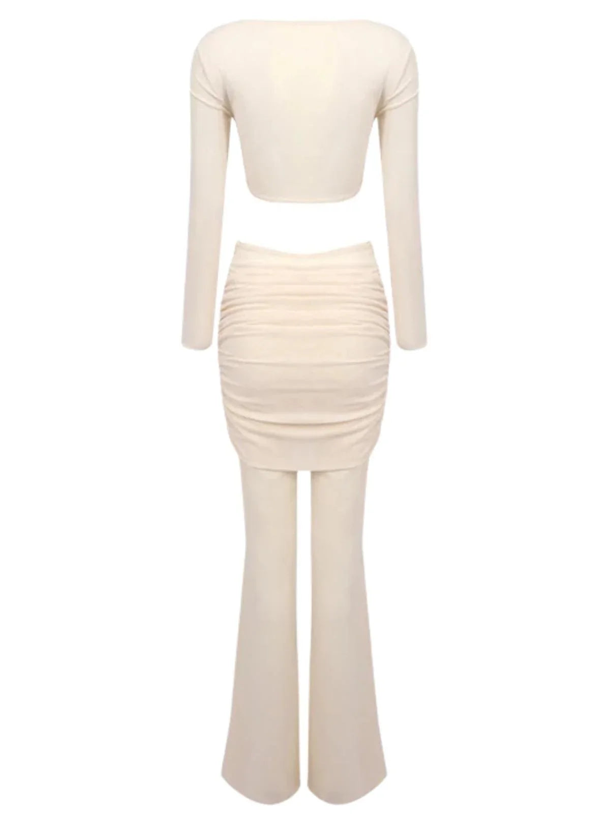 Woman's sheer 2 piece beige pant set with a hollow out crop top on a white background