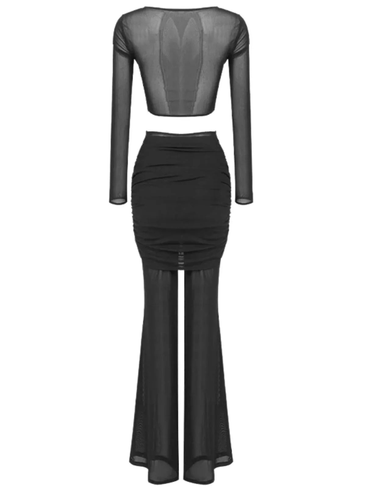 Woman's sheer 2 piece black pant set with a hollow out crop top on a white background