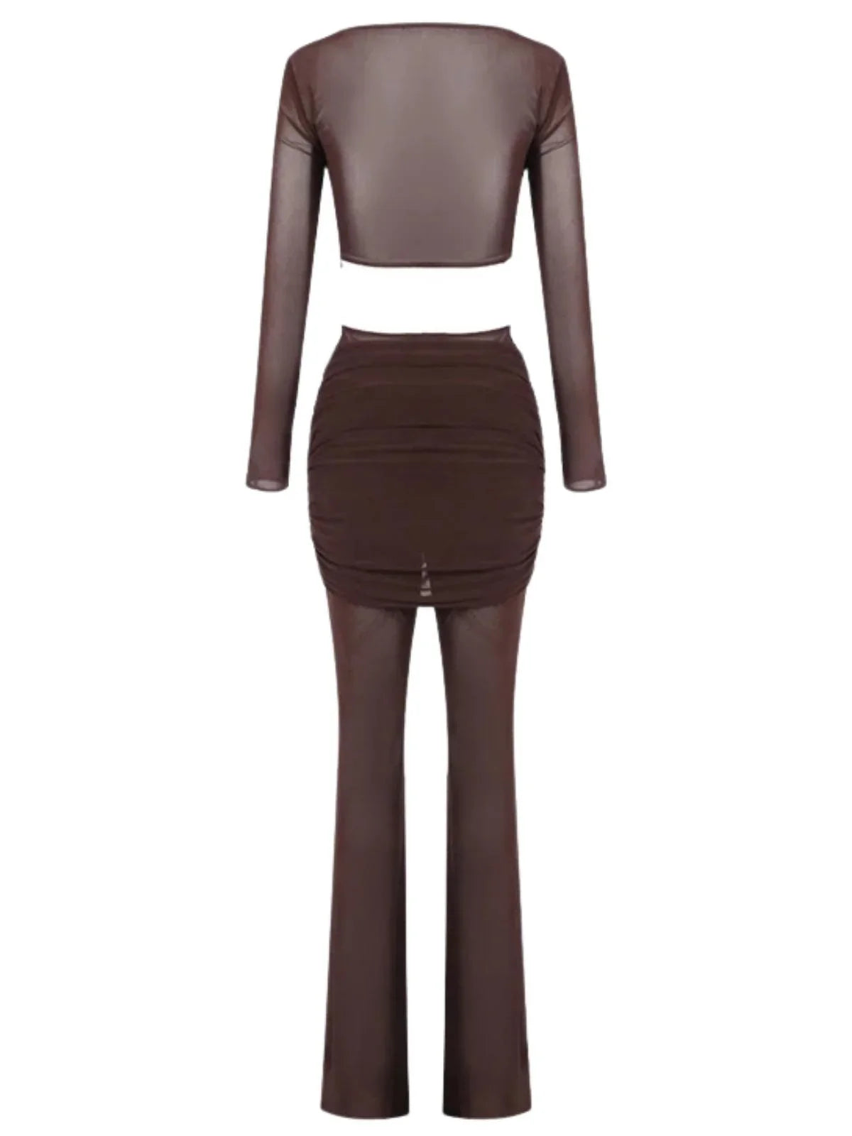 Woman's sheer 2 piece dark brown pant set with a hollow out crop top on a white background