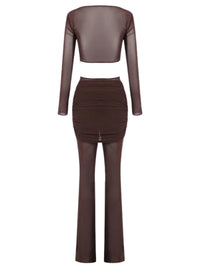 Thumbnail for Woman's sheer 2 piece dark brown pant set with a hollow out crop top on a white background