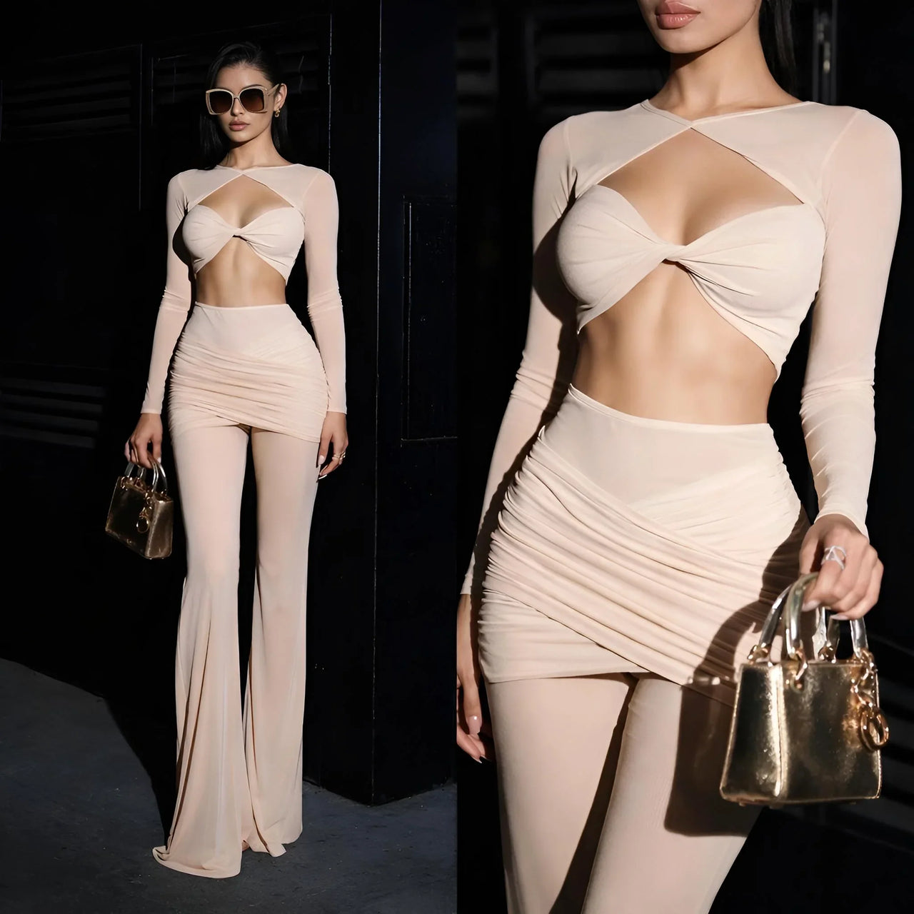 Women wearing a sheer 2 piece beige pant set with a hollow out crop top on a white background