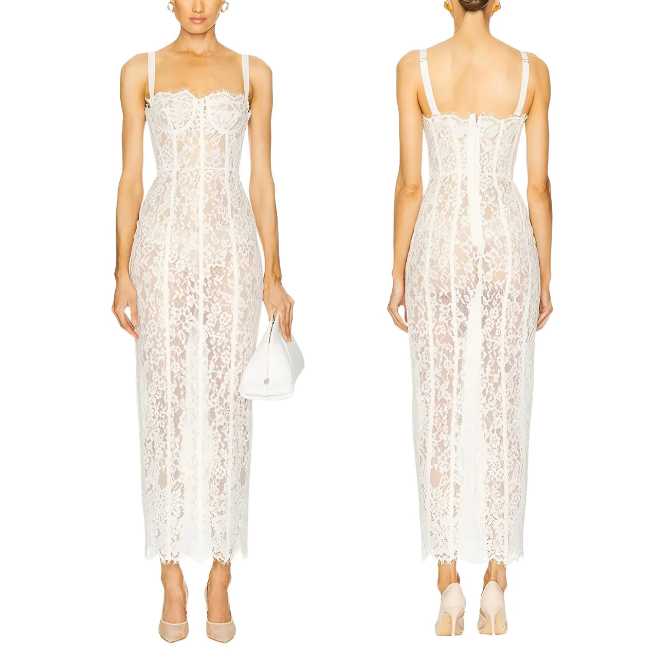 White lace bodycon dress shown from front and back on a white background