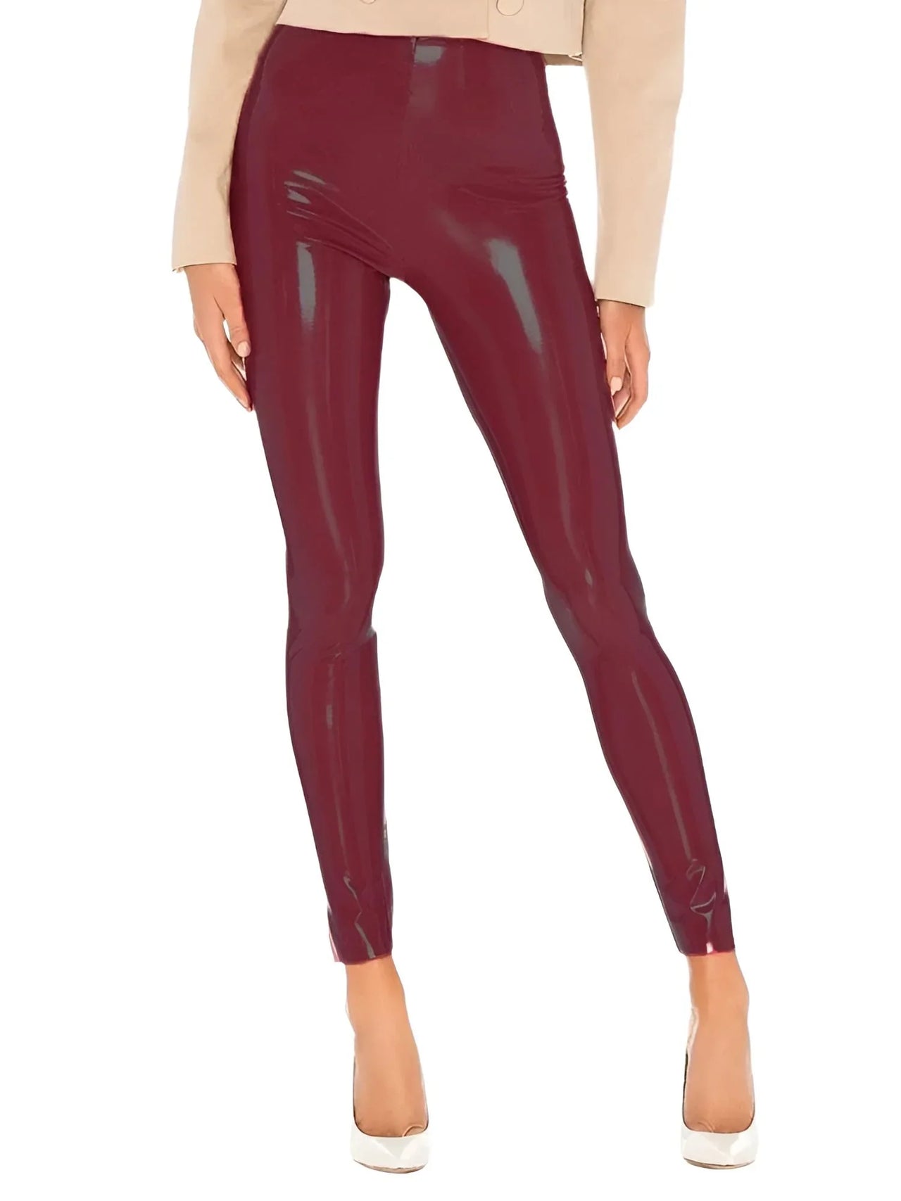 Dark Red leather leggings worn by a person on a white background