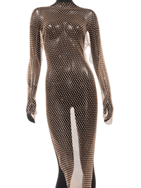 Thumbnail for Shiny Rhinestone Fishnet Dress Long Sleeve O-Neck Hollow Out Side Slit Dress Sexy Cover Up, Dresses, Maxi Dresses, Long Sleeves, One Size, United States, USA, Canada, Australia, New Zealand, United Kingdom, UK, Black, Pink, Deep Pink, White, Orange, Green, Nude, Grey, sparkly fishnet dress, sheer rhinestone dress, mesh rhinestone dress, crystal rhinestone dress, shopdrestiny.com