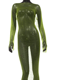 Thumbnail for Shiny Rhinestone Fishnet Dress Long Sleeve O-Neck Hollow Out Side Slit Dress Sexy Cover Up, Dresses, Maxi Dresses, Long Sleeves, One Size, United States, USA, Canada, Australia, New Zealand, United Kingdom, UK, Black, Pink, Deep Pink, White, Orange, Green, Nude, Grey, sparkly fishnet dress, sheer rhinestone dress, mesh rhinestone dress, crystal rhinestone dress, shopdrestiny.com