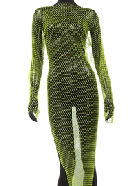 Thumbnail for Shiny Rhinestone Fishnet Dress Long Sleeve O-Neck Hollow Out Side Slit Dress Sexy Cover Up, Dresses, Maxi Dresses, Long Sleeves, One Size, United States, USA, Canada, Australia, New Zealand, United Kingdom, UK, Black, Pink, Deep Pink, White, Orange, Green, Nude, Grey, sparkly fishnet dress, sheer rhinestone dress, mesh rhinestone dress, crystal rhinestone dress, shopdrestiny.com