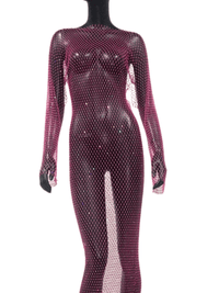 Thumbnail for Shiny Rhinestone Fishnet Dress Long Sleeve O-Neck Hollow Out Side Slit Dress Sexy Cover Up, Dresses, Maxi Dresses, Long Sleeves, One Size, United States, USA, Canada, Australia, New Zealand, United Kingdom, UK, Black, Pink, Deep Pink, White, Orange, Green, Nude, Grey, sparkly fishnet dress, sheer rhinestone dress, mesh rhinestone dress, crystal rhinestone dress, shopdrestiny.com