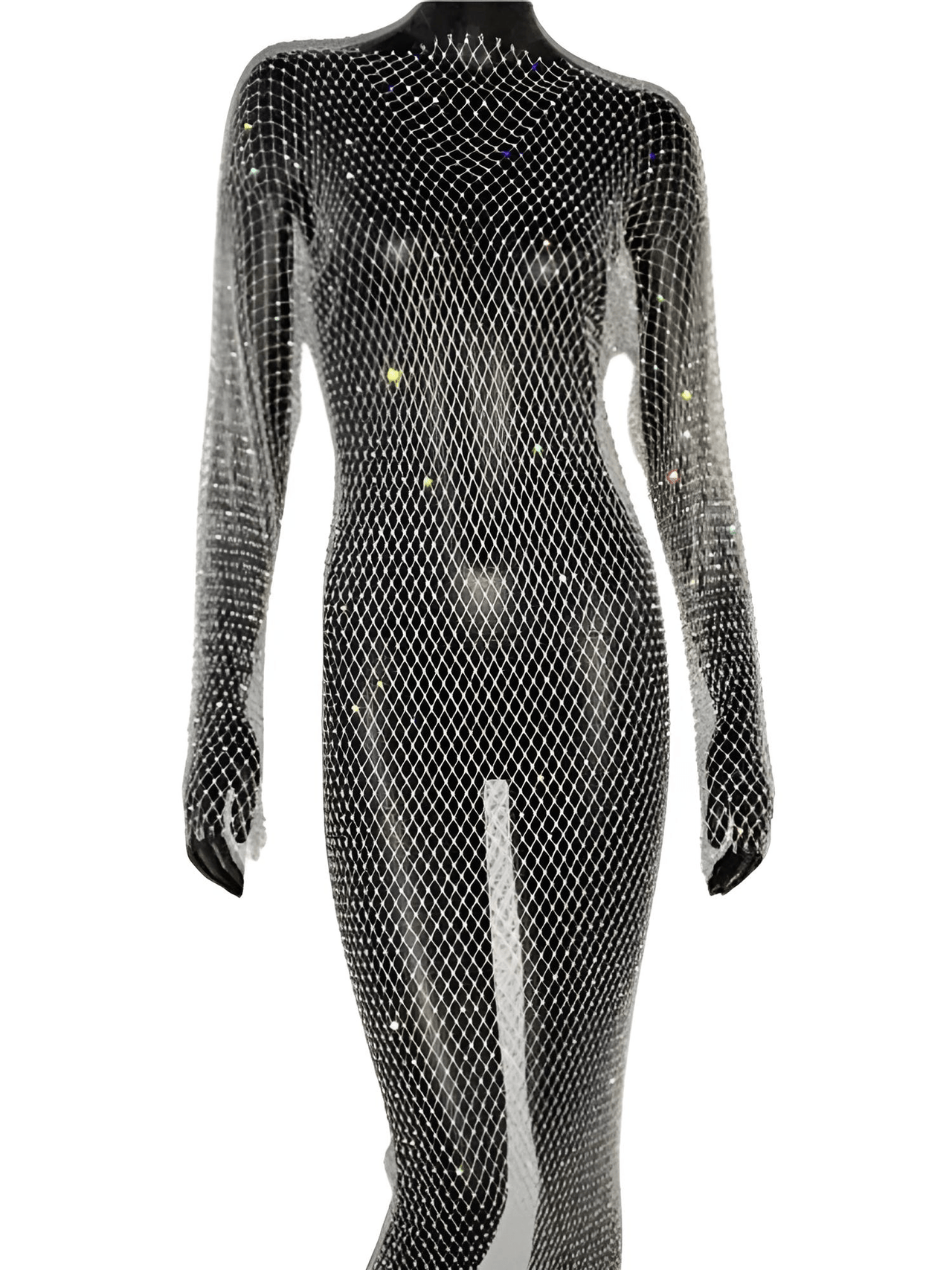 Shiny Rhinestone Fishnet Dress Long Sleeve O-Neck Hollow Out Side Slit Dress Sexy Cover Up, Dresses, Maxi Dresses, Long Sleeves, One Size, United States, USA, Canada, Australia, New Zealand, United Kingdom, UK, Black, Pink, Deep Pink, White, Orange, Green, Nude, Grey, sparkly fishnet dress, sheer rhinestone dress, mesh rhinestone dress, crystal rhinestone dress, shopdrestiny.com