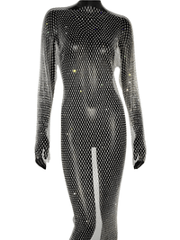 Thumbnail for Shiny Rhinestone Fishnet Dress Long Sleeve O-Neck Hollow Out Side Slit Dress Sexy Cover Up, Dresses, Maxi Dresses, Long Sleeves, One Size, United States, USA, Canada, Australia, New Zealand, United Kingdom, UK, Black, Pink, Deep Pink, White, Orange, Green, Nude, Grey, sparkly fishnet dress, sheer rhinestone dress, mesh rhinestone dress, crystal rhinestone dress, shopdrestiny.com
