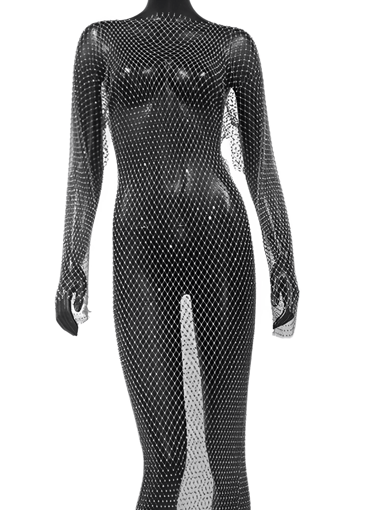 Shiny Rhinestone Fishnet Dress Long Sleeve O-Neck Hollow Out Side Slit Dress Sexy Cover Up, Dresses, Maxi Dresses, Long Sleeves, One Size, United States, USA, Canada, Australia, New Zealand, United Kingdom, UK, Black, Pink, Deep Pink, White, Orange, Green, Nude, Grey, sparkly fishnet dress, sheer rhinestone dress, mesh rhinestone dress, crystal rhinestone dress, shopdrestiny.com