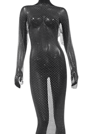 Thumbnail for Shiny Rhinestone Fishnet Dress Long Sleeve O-Neck Hollow Out Side Slit Dress Sexy Cover Up, Dresses, Maxi Dresses, Long Sleeves, One Size, United States, USA, Canada, Australia, New Zealand, United Kingdom, UK, Black, Pink, Deep Pink, White, Orange, Green, Nude, Grey, sparkly fishnet dress, sheer rhinestone dress, mesh rhinestone dress, crystal rhinestone dress, shopdrestiny.com
