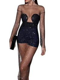 Thumbnail for Shiny Rhinestone Fishnet Dress Long Sleeve O-Neck Hollow Out Side Slit Dress Sexy Cover Up, Dresses, Maxi Dresses, Long Sleeves, One Size, United States, USA, Canada, Australia, New Zealand, United Kingdom, UK, Black, Pink, Deep Pink, White, Orange, Green, Nude, Grey, sparkly fishnet dress, sheer rhinestone dress, mesh rhinestone dress, crystal rhinestone dress, shopdrestiny.com
