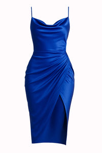 Thumbnail for Blue satin dress with a draped design on a white background