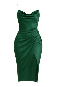 Thumbnail for Green satin dress with a draped front on a white background