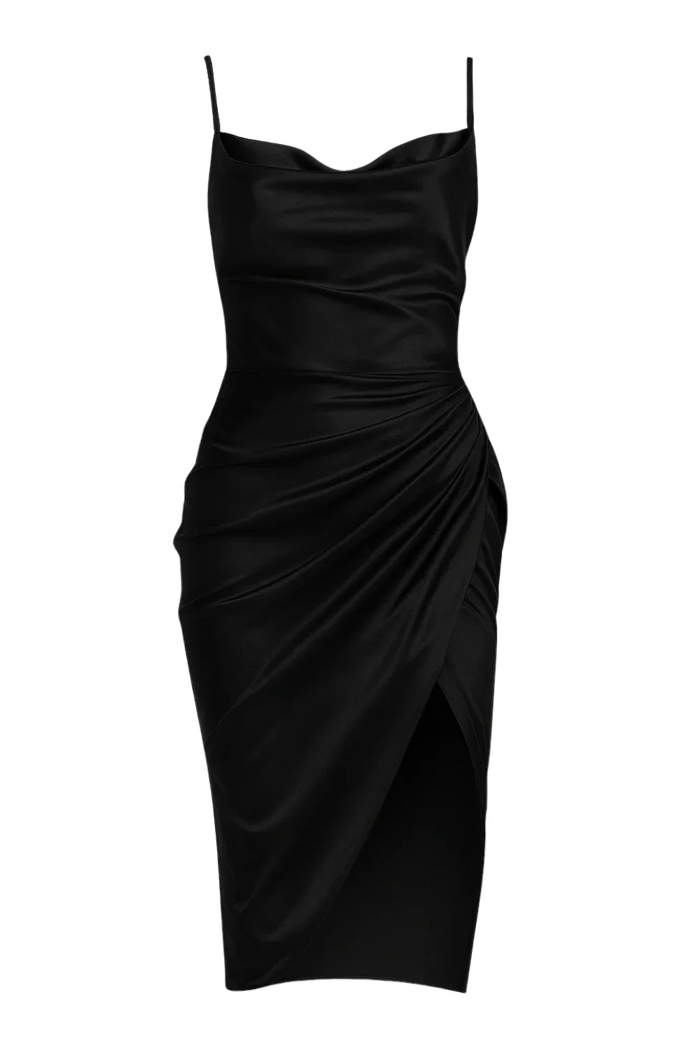Black satin dress with draped design on a white background