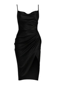 Thumbnail for Black satin dress with draped design on a white background