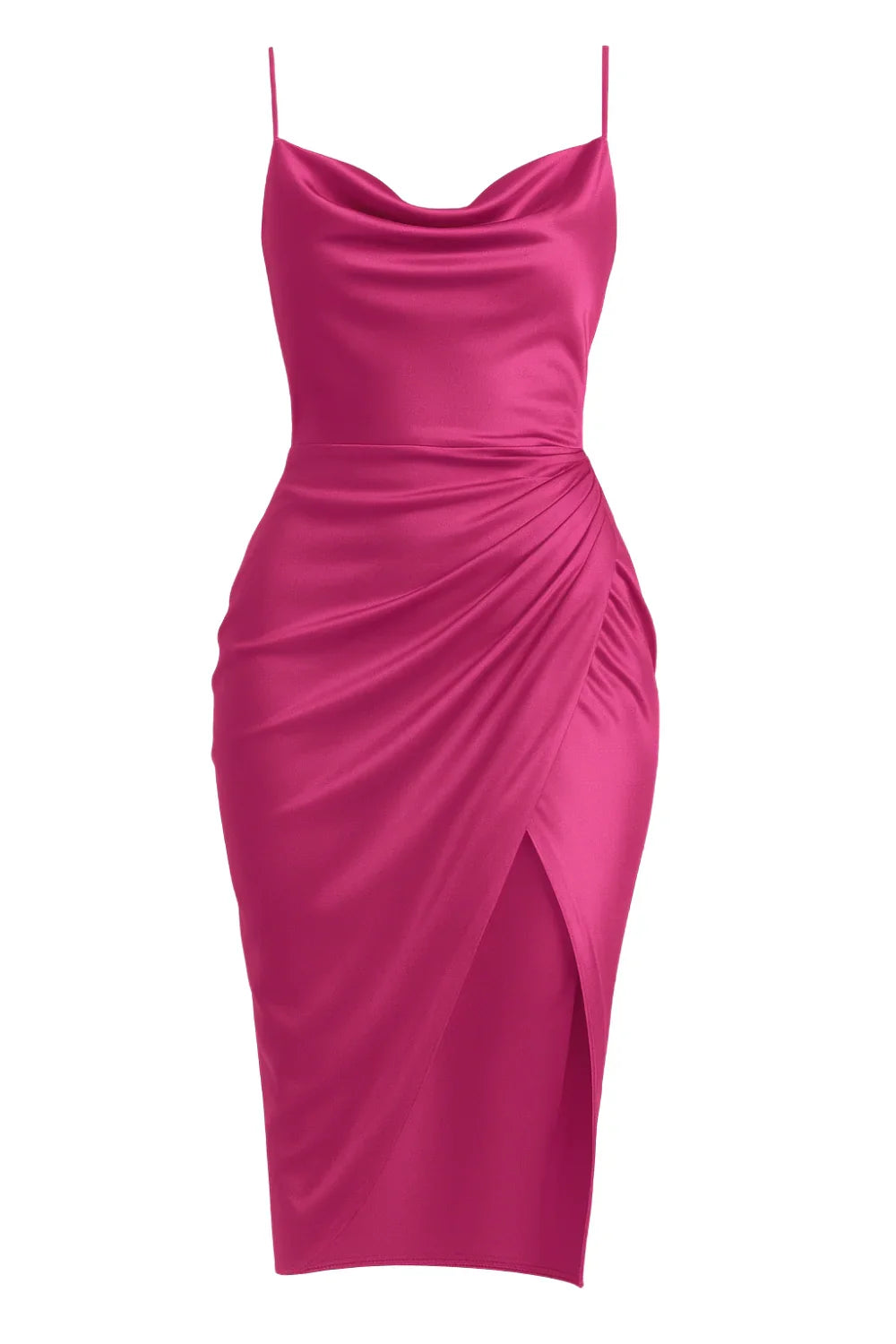 Pink satin dress with thin straps on a white background