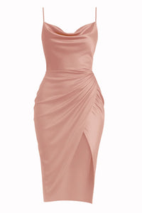 Thumbnail for Pink satin dress with a draped front on a white background