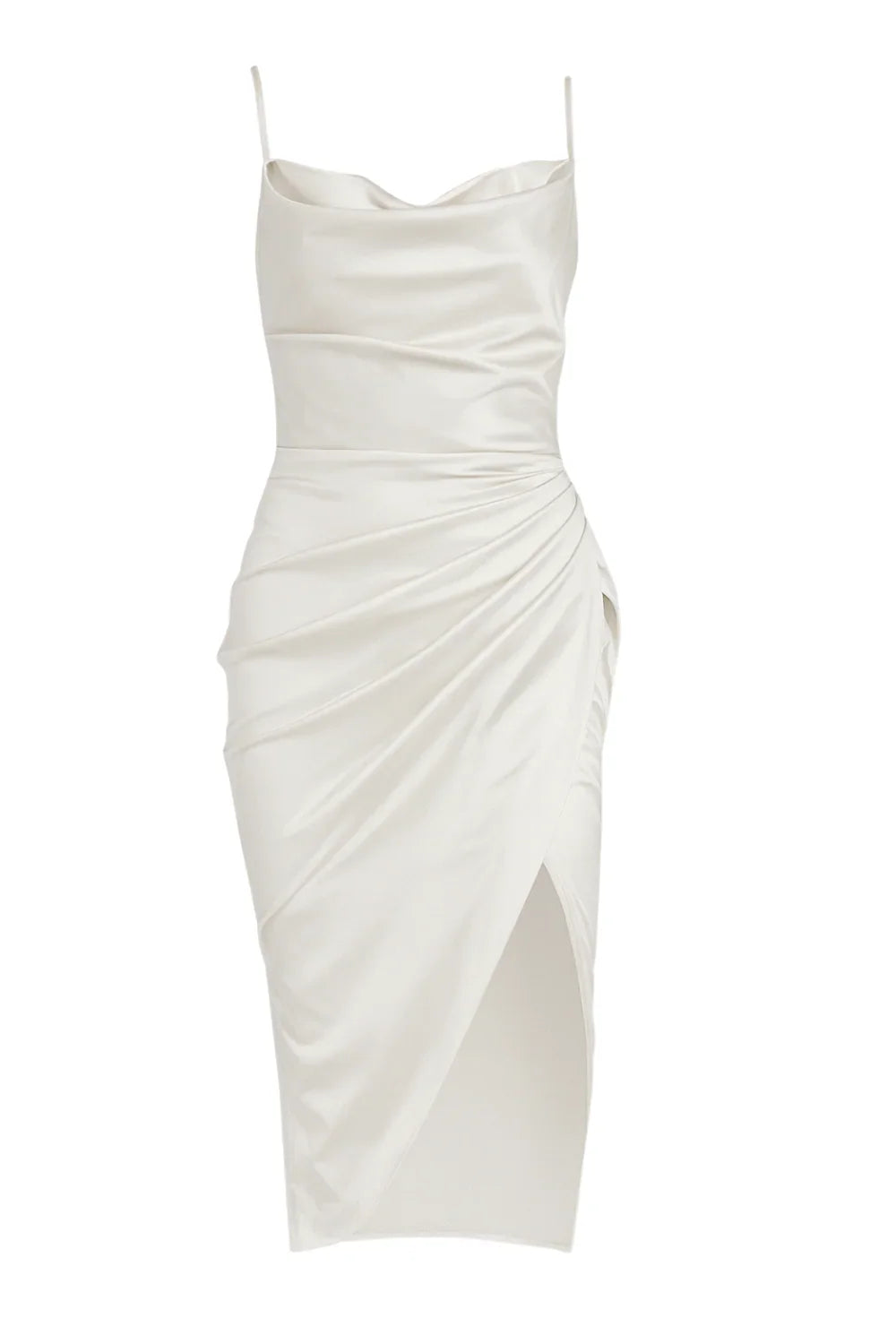 White satin dress with ruched design on a white background