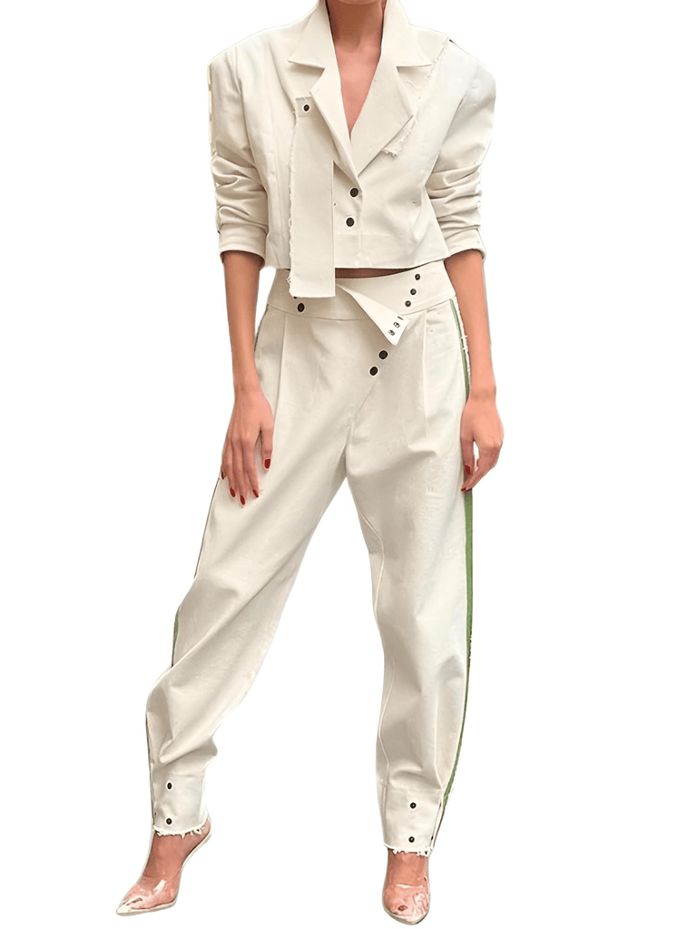 Women's Long Sleeve Button White Jacket & White Pants Sets - High-End Streetwear!