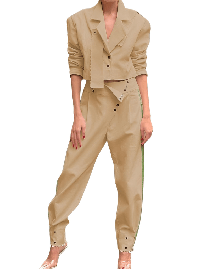 Women's Long Sleeve Button Khaki Jacket & Khaki Pants Sets - High-End Streetwear!