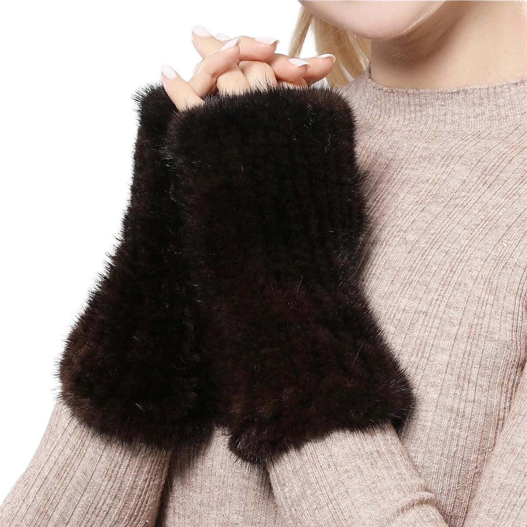 100% Real Genuine Mink Fur Fingerless Dark Brown Mittens For Women