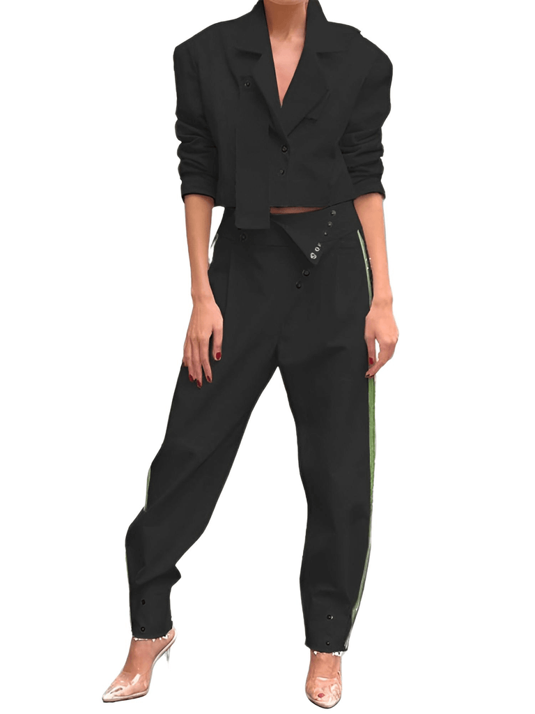 Women's Long Sleeve ButtonBlack Jacket & Black Pants Sets - High-End Streetwear!