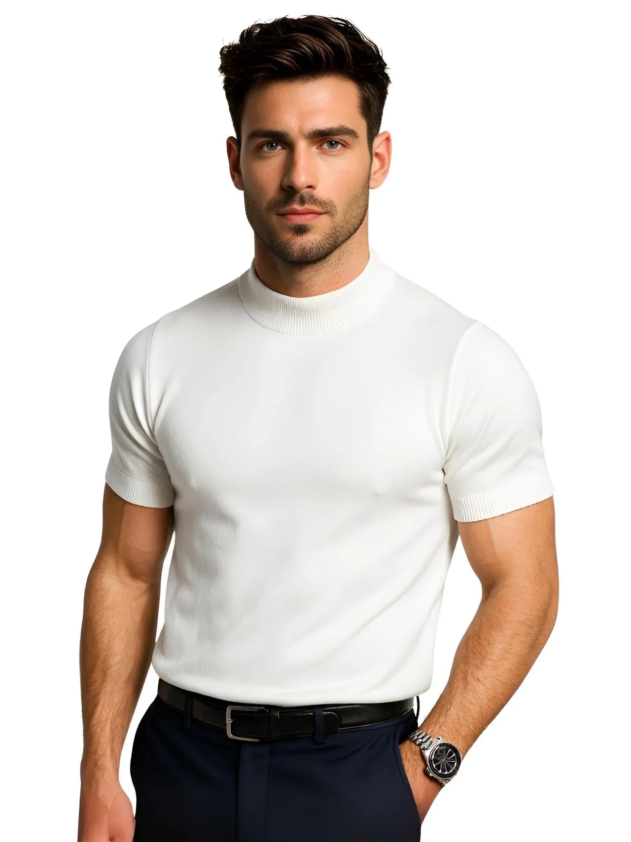 Man wearing a white mock neck shirt and dark pants on a white background