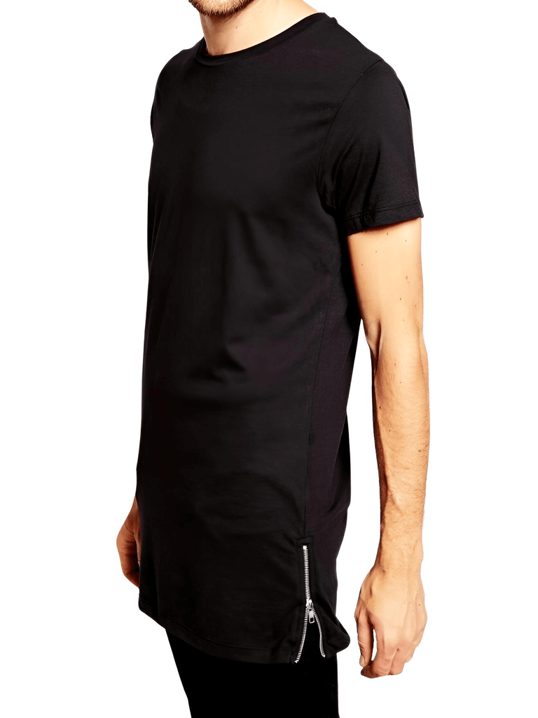 Side-Zip Hip Hop Extra Longline black T-Shirt For Men