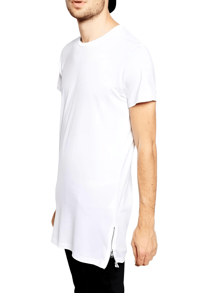 Side-Zip Hip Hop Extra Longline White T-Shirt For Men