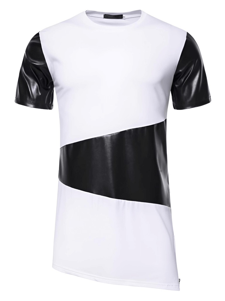 Side Zipper Longline Leather Patchwork White Streetwear T-Shirt for Men