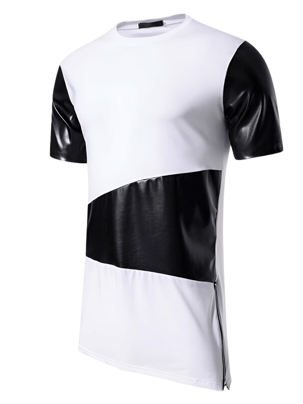 Side Zipper Longline Leather Patchwork Black and White Streetwear T-Shirt for Men