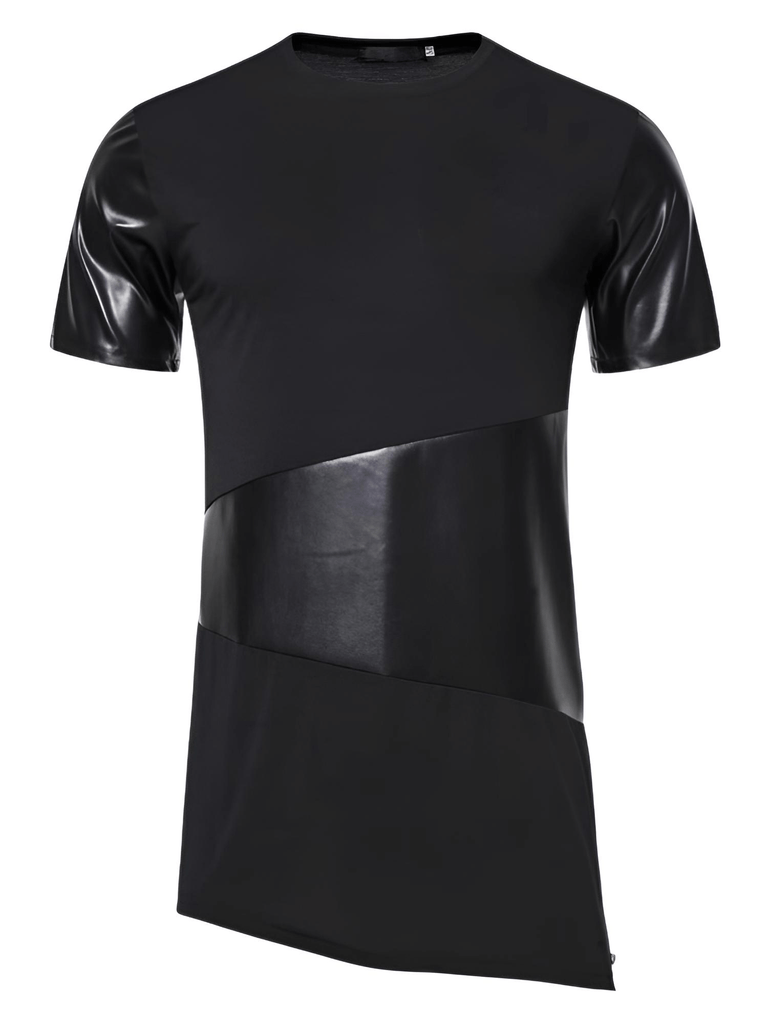 Side Zipper Longline Leather Patchwork Black Streetwear T-Shirt for Men