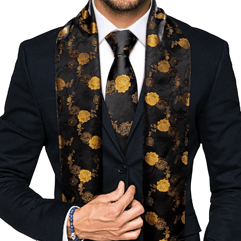 Black and Gold Silk Scarf & Black and Gold Silk Tie Sets For Men