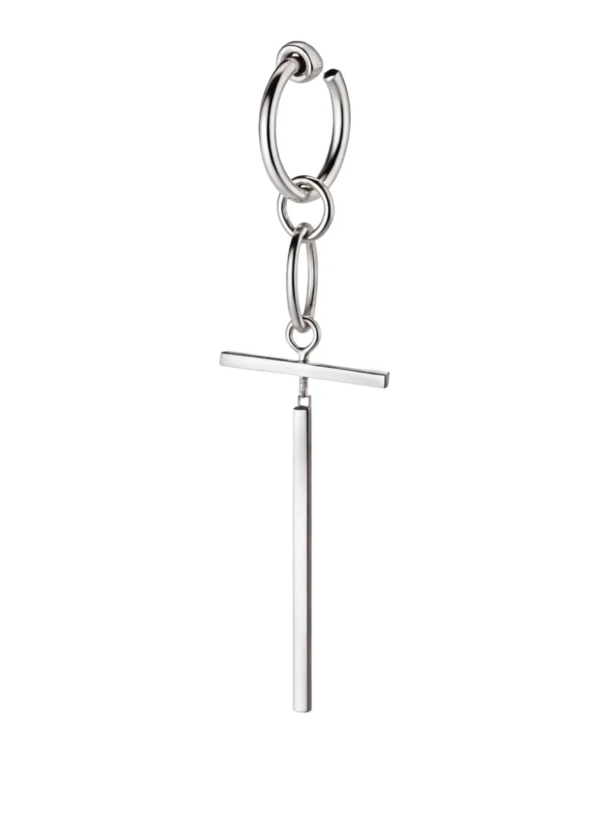 Silver hoop earring with a bar and U-shaped design on a white background