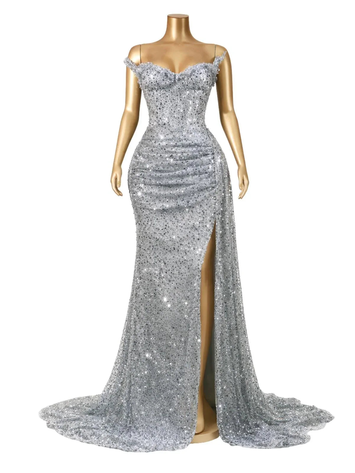 Silver sequin mermaid evening gown on a mannequin against a white background