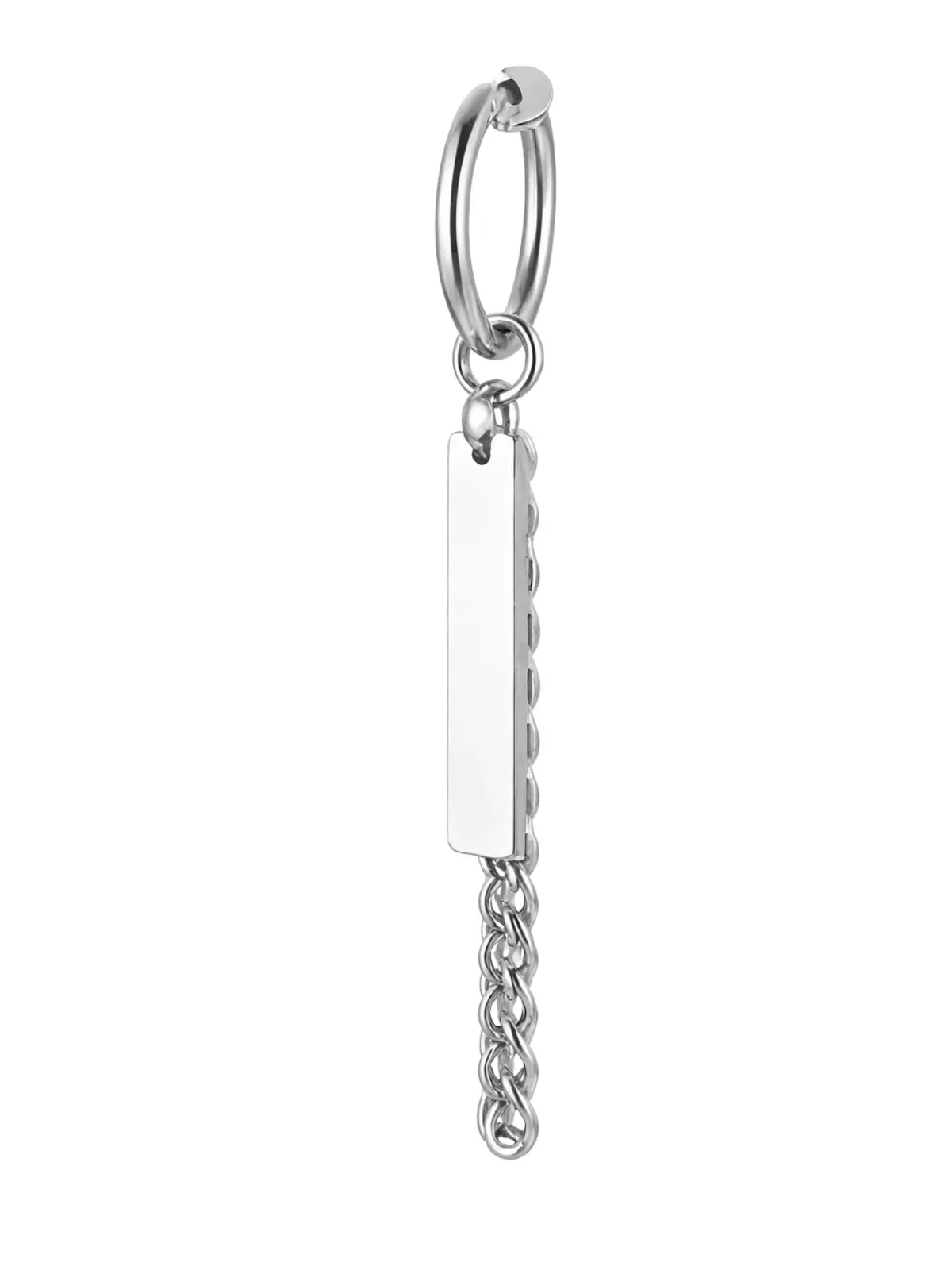 Silver charm with a rectangular tag and chain on a white background