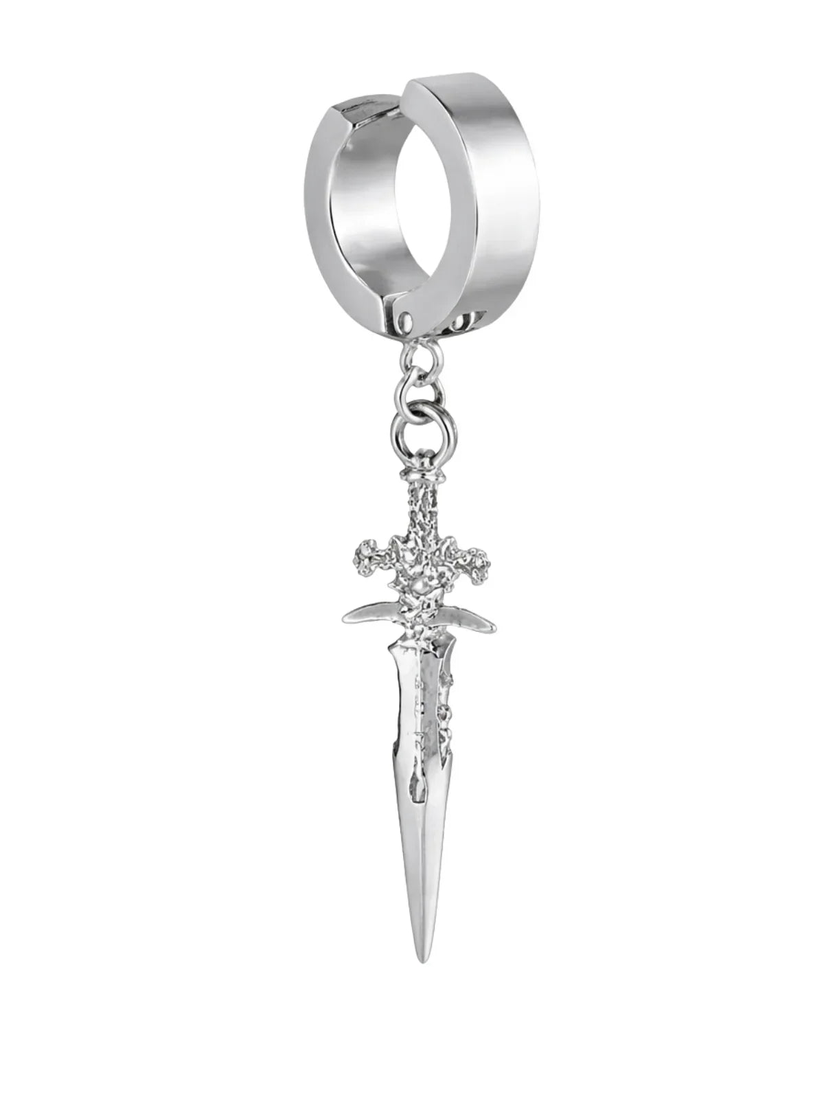 Silver earring with a dagger-shaped pendant on a white background
