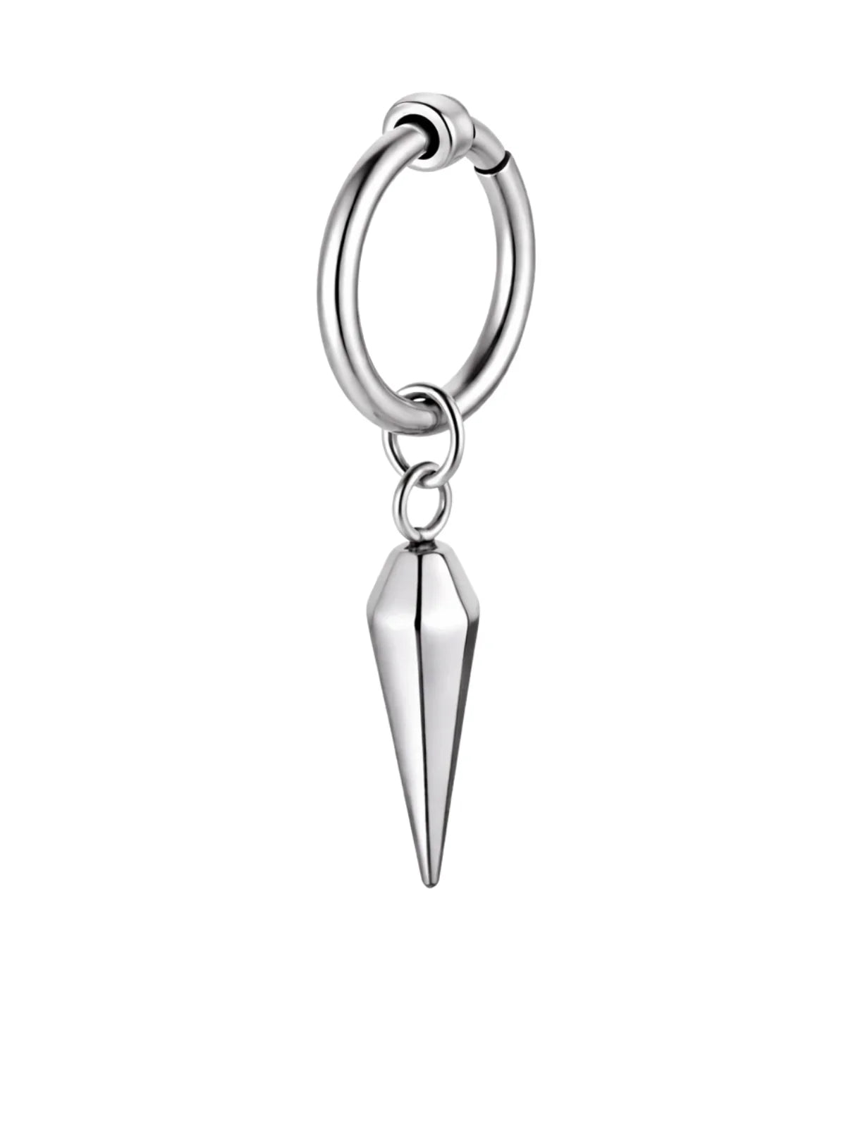 Silver hoop earring with a spike on a white background