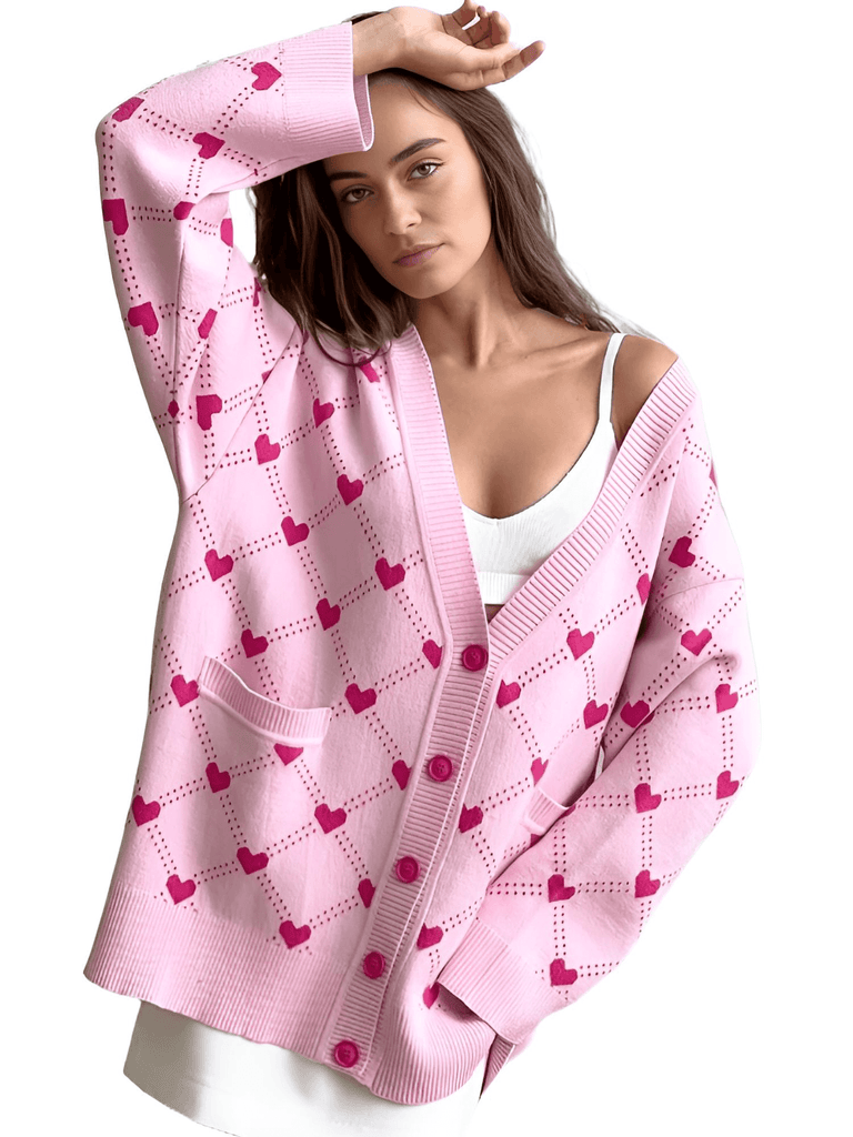 Single-Breasted Loose Pink Heart Cardigan Sweaters For Women