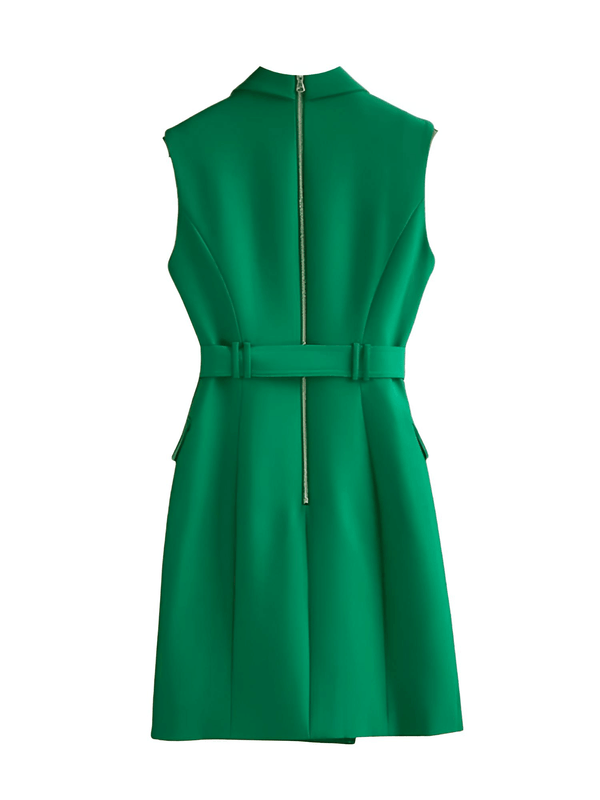 Sleeveless Green Blazer Dress With Belt