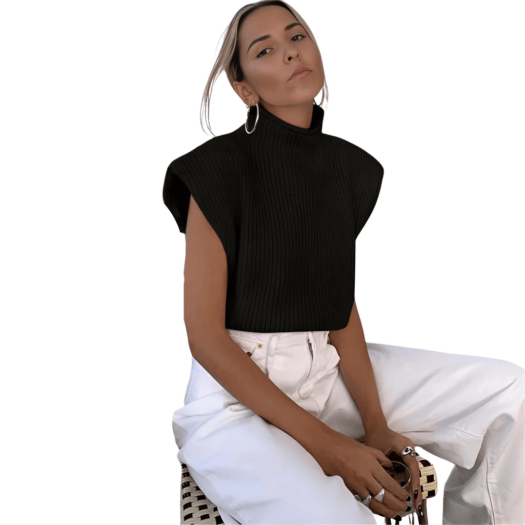 Sleeveless Turtleneck Short Black Sweaters For Women