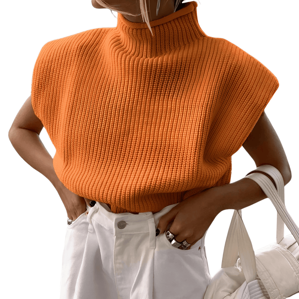 Sleeveless Turtleneck Short Orange Sweaters For Women