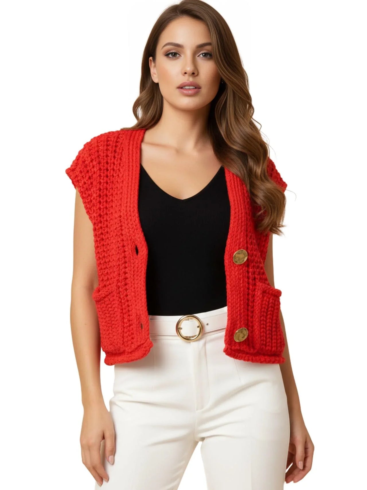 Woman wearing a red knitted vest over a black top and white pants on a white background