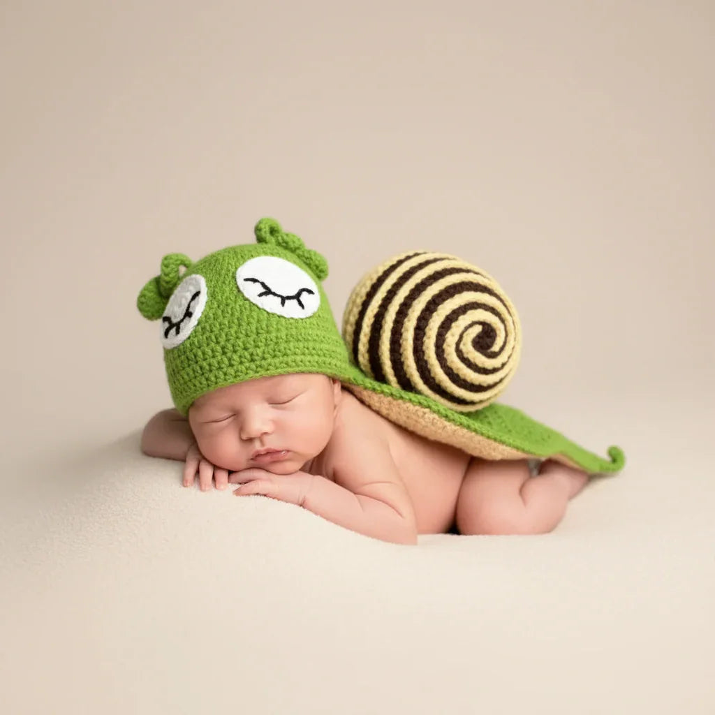Newborn baby wearing a green snail hat with a striped shell on a beige background