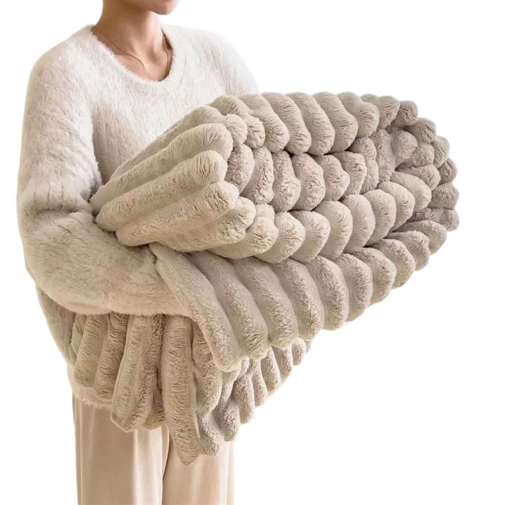 Soft Coral Fleece Beige Blanket - Feels Like Rabbit Fur!