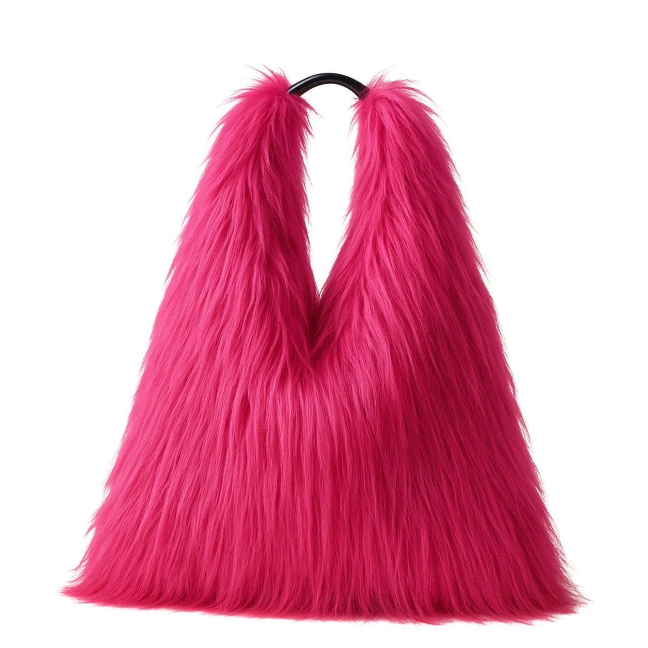 Pink fluffy bag with a black handle on a white background