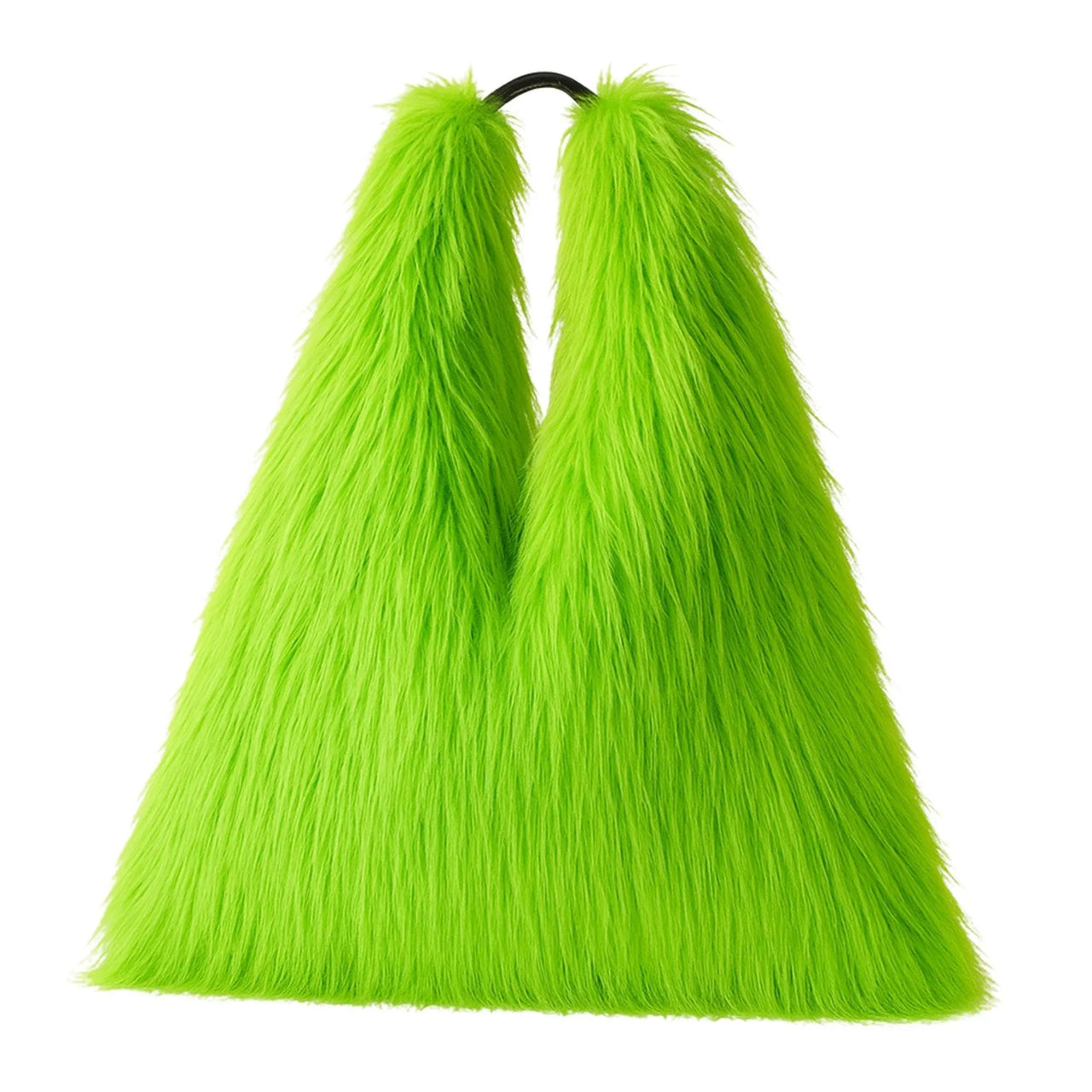 Neon green fluffy bag against a white background