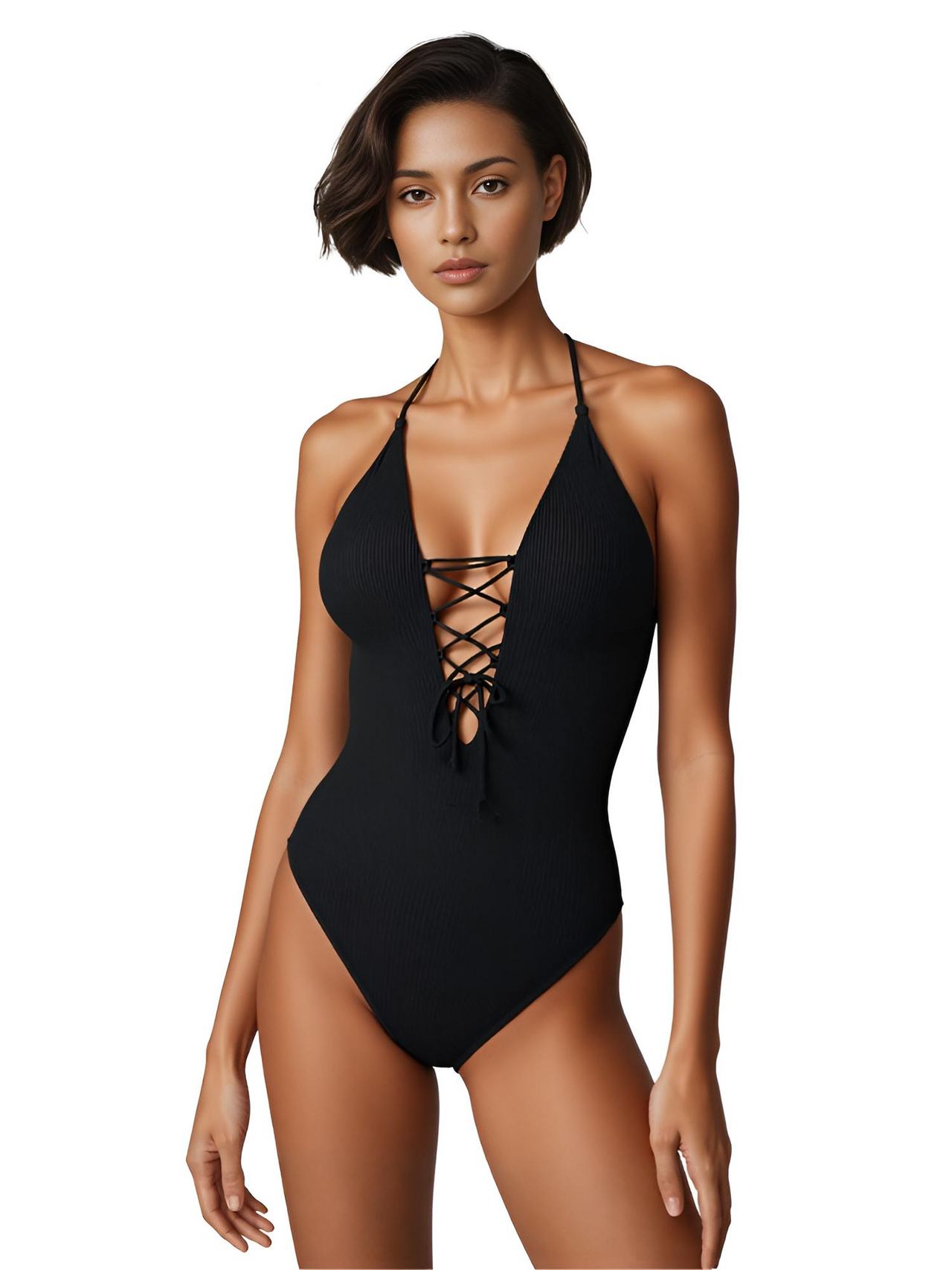 Woman wearing a black halter neck swimsuit on a white background